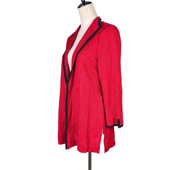 Ming Wang Red Geometric Diamond Knit Black Trim 3/4 Sleeve Cardigan Sweater - Picture 2 of 12